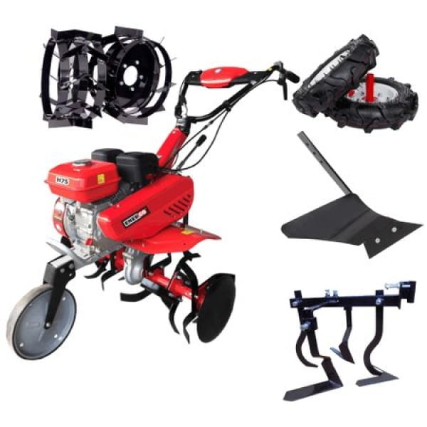 Motosapa, H75, cu roti de cauciuc, plug, prasitoare si roti metalice cu manicot suplimentar, Energo