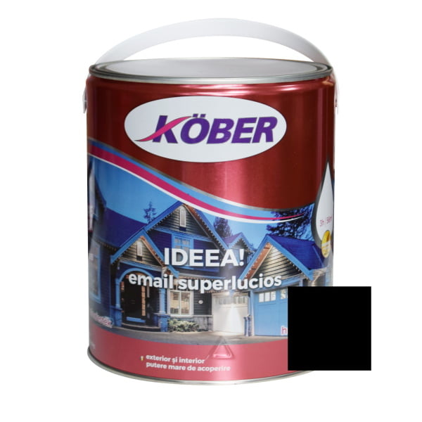 Vopsea alchidica, pentru lemn / metal, 4 L, negru, interior / exterior, Ideea, + Diluant, 0.5 L, D551, Kober