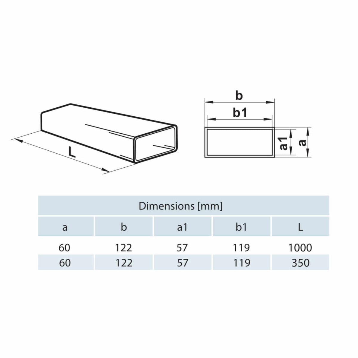 Tub ventilatie rectangular, PVC, 120 x 60 mm, L 1000 mm, 7010, Vents - imagine 2