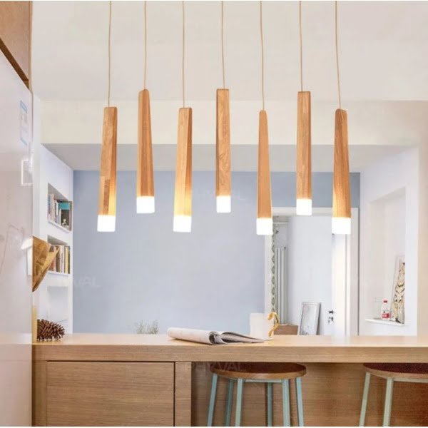 Lustra LED, lemn natural, 7 pendule, 35 W, 1300 x 550 mm, Modern Design