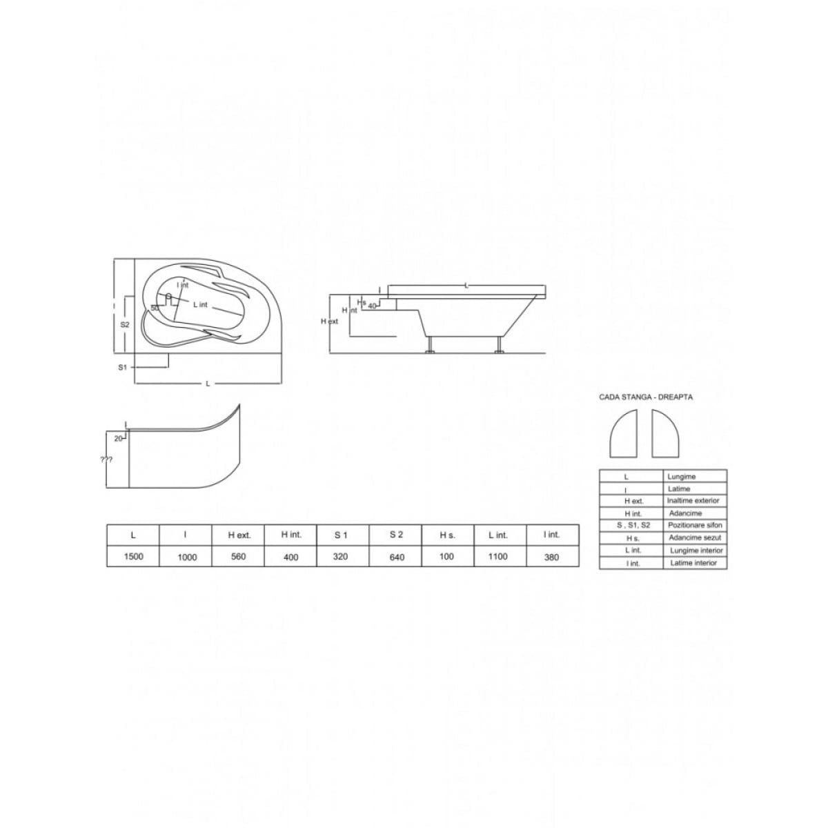 Cada baie, acril, 1500 x 1000 mm, colt dreapta, Saturn - imagine 2