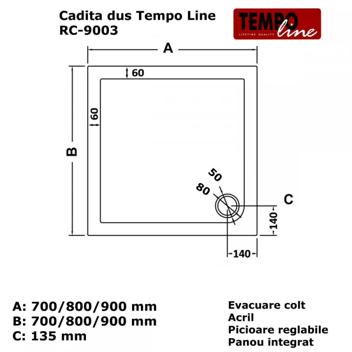 Cadita dus 70 x 70 cm, patrat, acril, 135 mm, panou integrat, picioare reglabile, Tempo Line - imagine 4