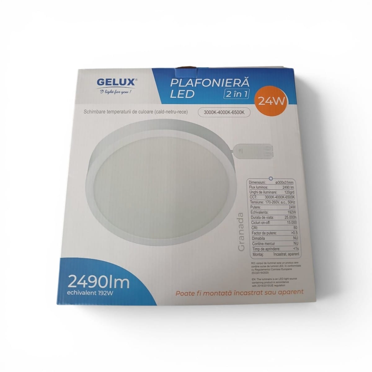 Plafonieră LED Gelux Granada 2 în 1, 24 W, 2490 lm, CCT 3000K/4000K/6500K, Ø300 mm, alb - imagine 2