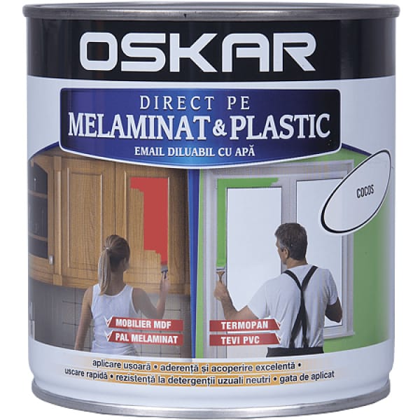 Email pentru melamină și plastic Oskar Direct, Cocos, 0,6 L, diluabil cu apă, pentru mobilier și tâmplărie PVC