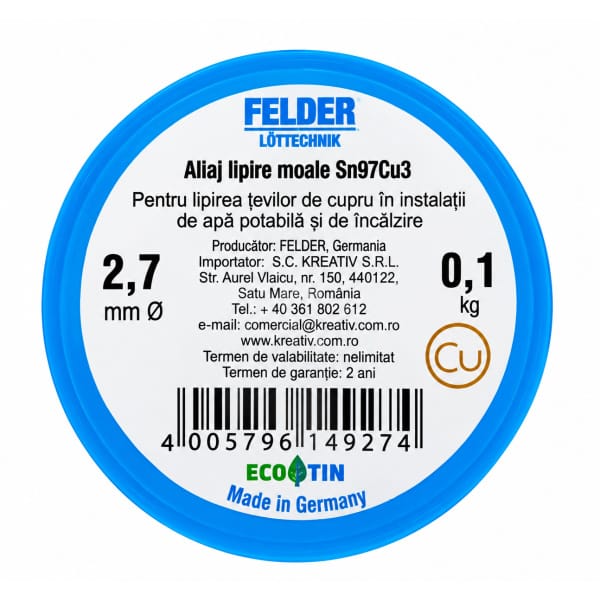 Aliaj pentru lipire moale Felder Sn97Cu3, Ø2,7 mm, 100 g