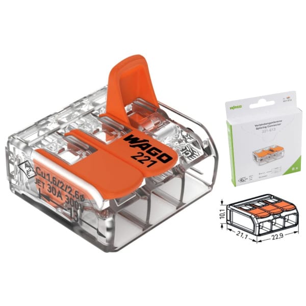 Set 8 conectori WAGO 221-613 cu pârghie, 3 fire, 0,5–6 mm²