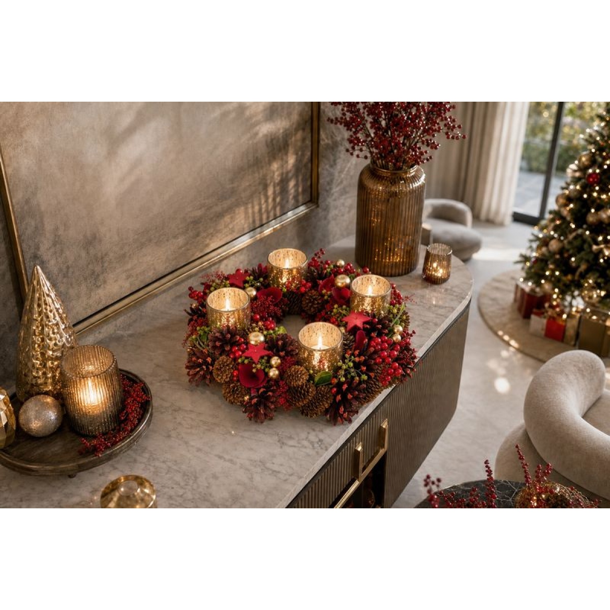 Coroniță advent MagicHome, roșie, 30 × 30 × 8 cm — imagine ilustrativă