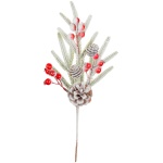 Crenguță decorativă MagicHome, 34 cm, înzăpezită cu conuri și fructe de măceș — imagine ilustrativă